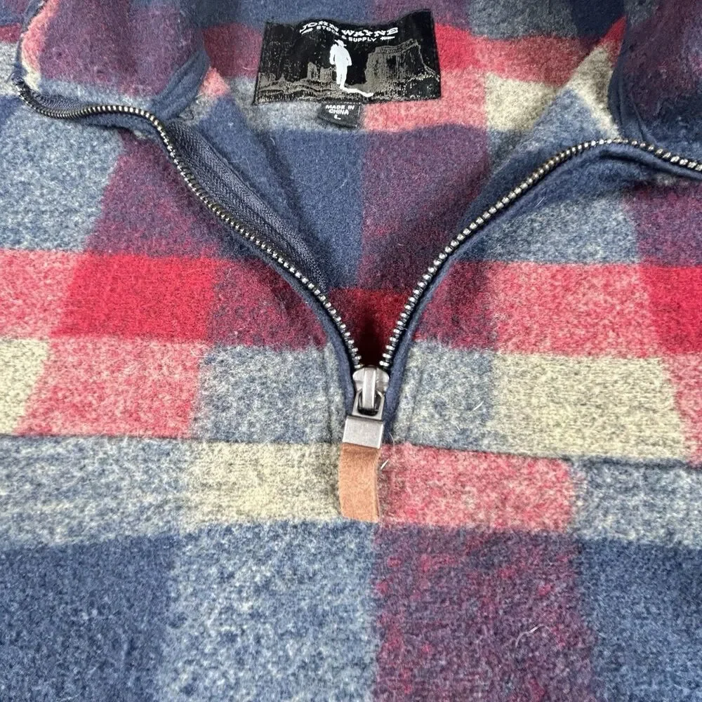 John Wayne Stock & Supply 1/4 Zip Fleece Pullover Jacket Mens L Plaid Western
